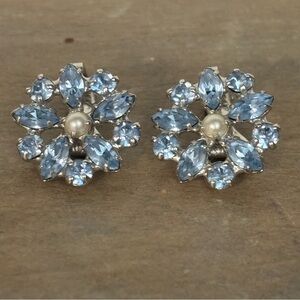 Vintage B David Earrings CLIP ON Silvertone Imitation Pearl Marquise Rhinestone